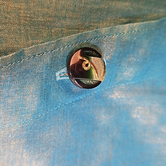 Custom handmade teal and gold metallic thread fabric tent buttoned blouse 12 US - Picture 7 of 7